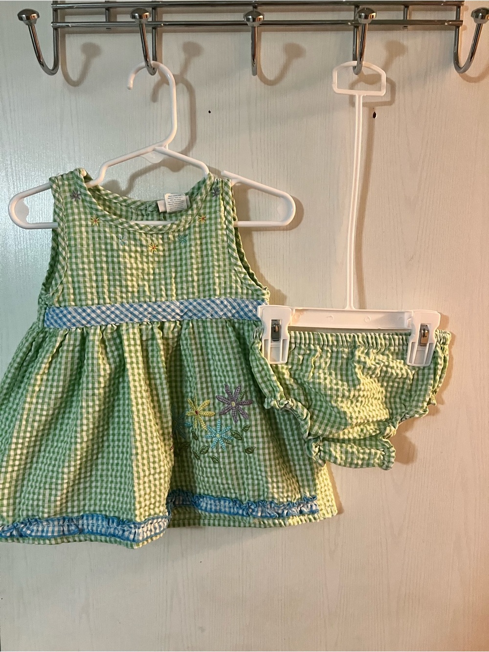Cute Green Gingham Toddler Dress and Bloomers - Floral Embroidery